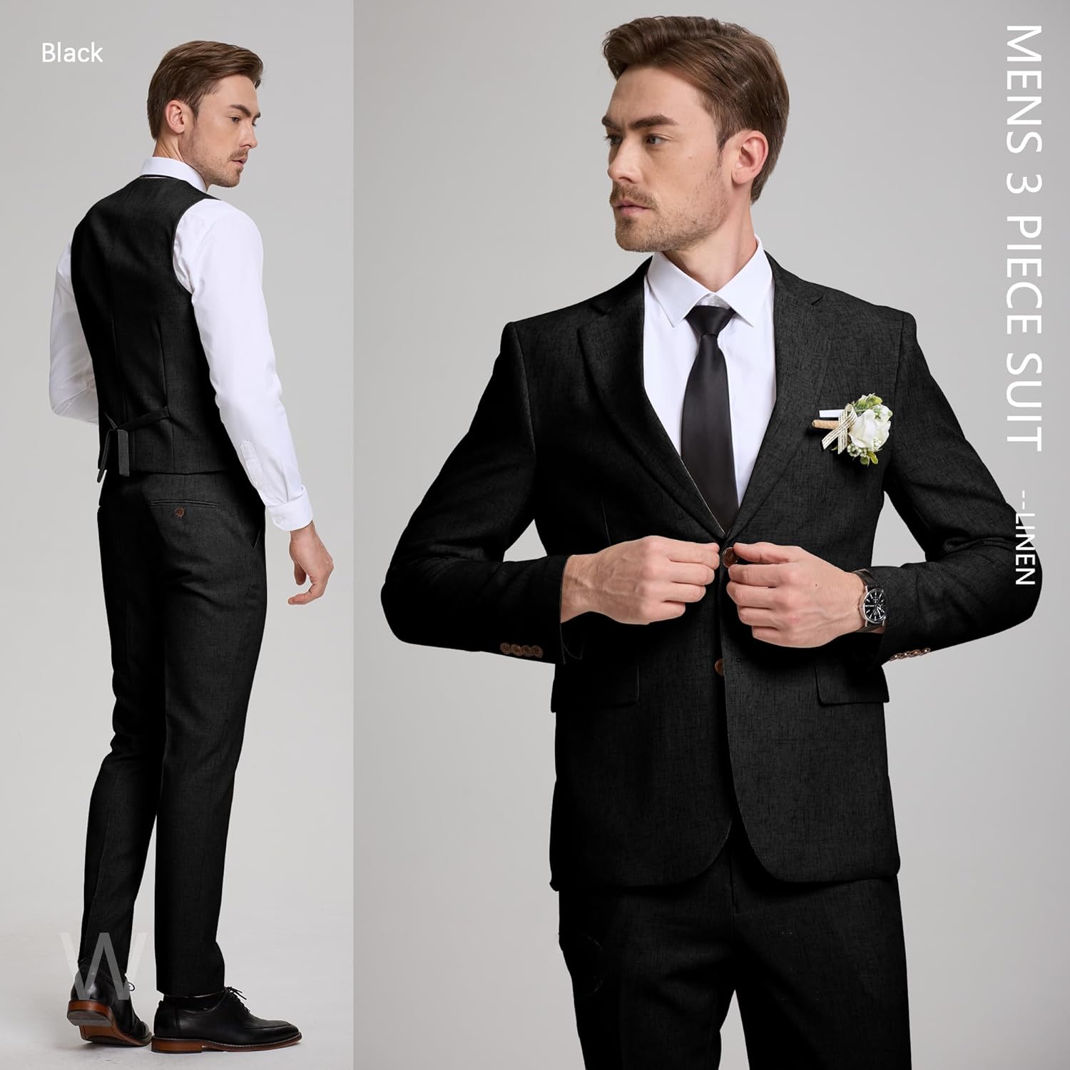 Linen Suits 3 Piece Slim Fit Tuxedo Suit for Beach Wedding Formal Business Suit Groom Prom Set Outfits