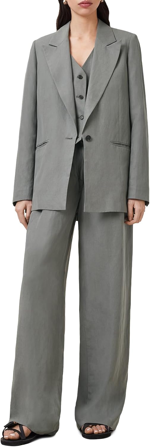 Women's 3-Piece Linen Suit Set Grey Notched Lapel Blazer Vest Wide Leg Pants Relaxed Formal Co-Ord Women's 3-Piece Linen Suit Set Grey Notched Lapel Blazer Vest Wide Leg Pants Relaxed Formal Co-Ord