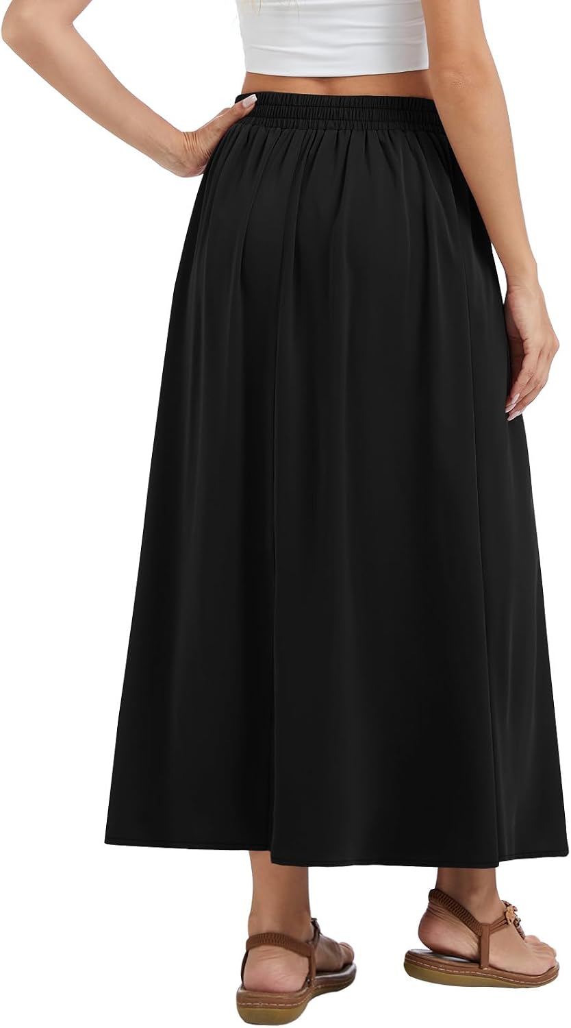 Maxi A-line Long Skirt High Waist Casual Elastic Flowy Skirts with Pockets