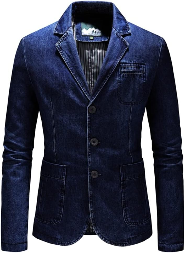 Men's Medium Wash Denim Blazer Notch Lapel 3-Button Single-Breasted Patch Pockets Topstitched Antique Brass Buttons Slim Fit Vintage Casual Jacket