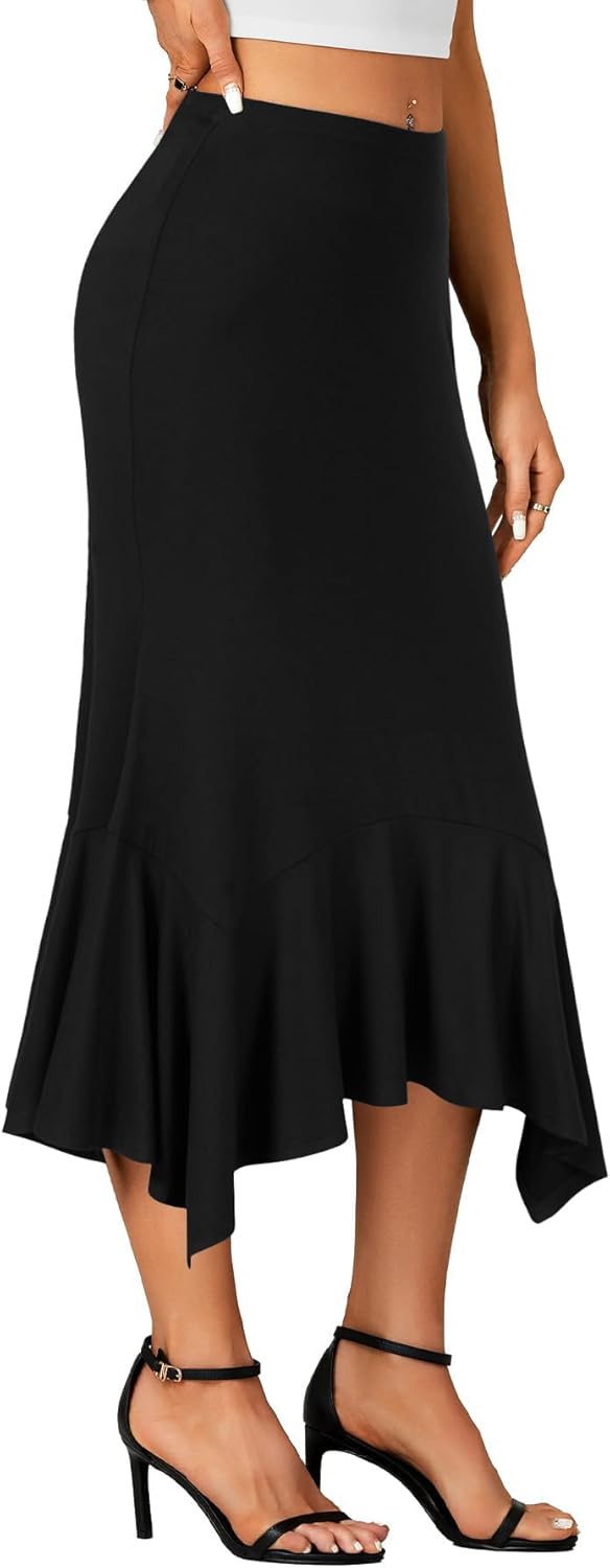 Women's High Waisted Midi Skirt Asymmetrical Handkerchief Hemline Flowy Casual Ruffle Women's High Waisted Midi Skirt Asymmetrical Handkerchief Hemline Flowy Casual Ruffle