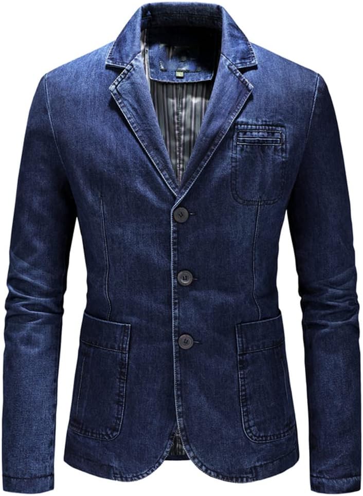 Men's Medium Wash Denim Blazer Notch Lapel 3-Button Single-Breasted Patch Pockets Topstitched Antique Brass Buttons Slim Fit Vintage Casual Jacket Men's Medium Wash Denim Blazer Notch Lapel 3-Button Single-Breasted Patch Pockets Topstitched Antique Brass Buttons Slim Fit Vintage Casual Jacket