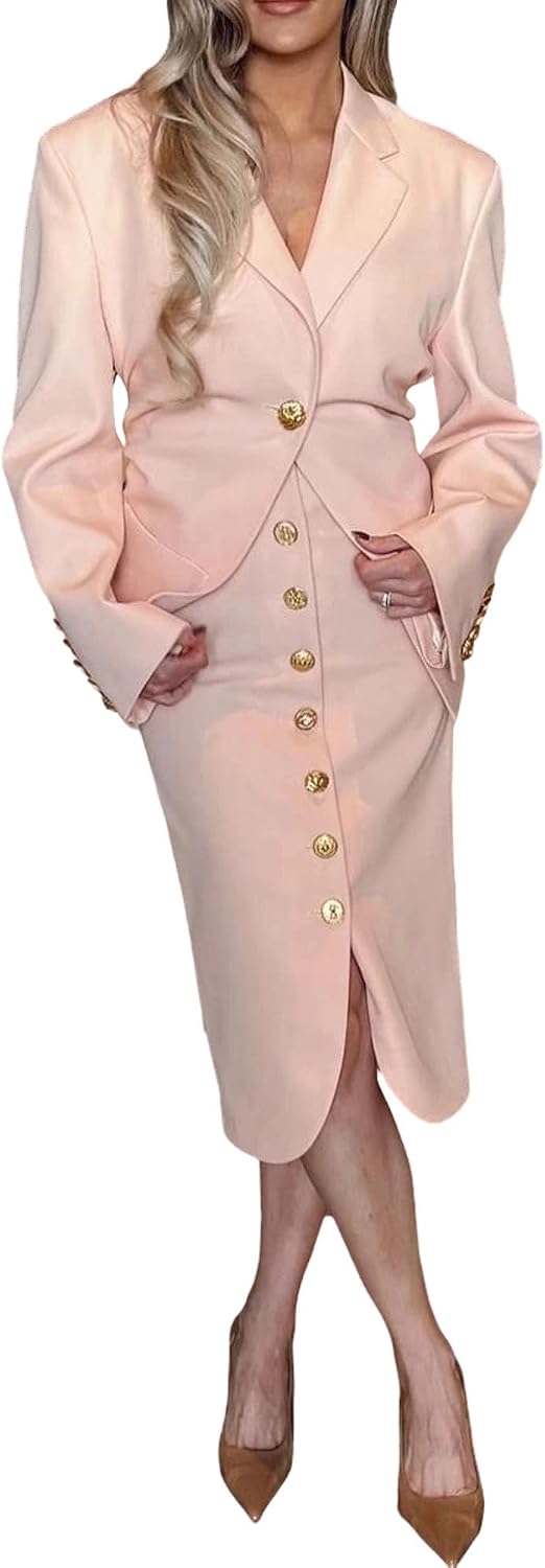 Single Breasted Skirt Suit Lapel Long Sleeve Blazer with High Waist Skirt Workwear Dinner Party