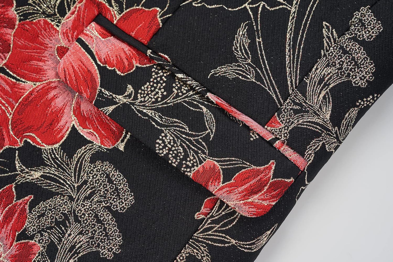 Men's Red Floral Jacquard Peak Lapel Single Button Blazer Tuxedo Jacket Red Piping Flap Pocket Contrast Trim Prom Party Formal Suit Jacket