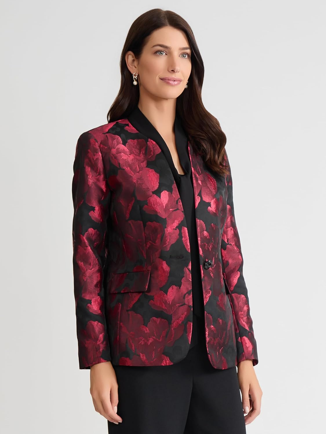 Women's Collarless Jacquard One Button Blazer Crewneck Single Button Welt Pockets Slim Fit Textured Office Jacket