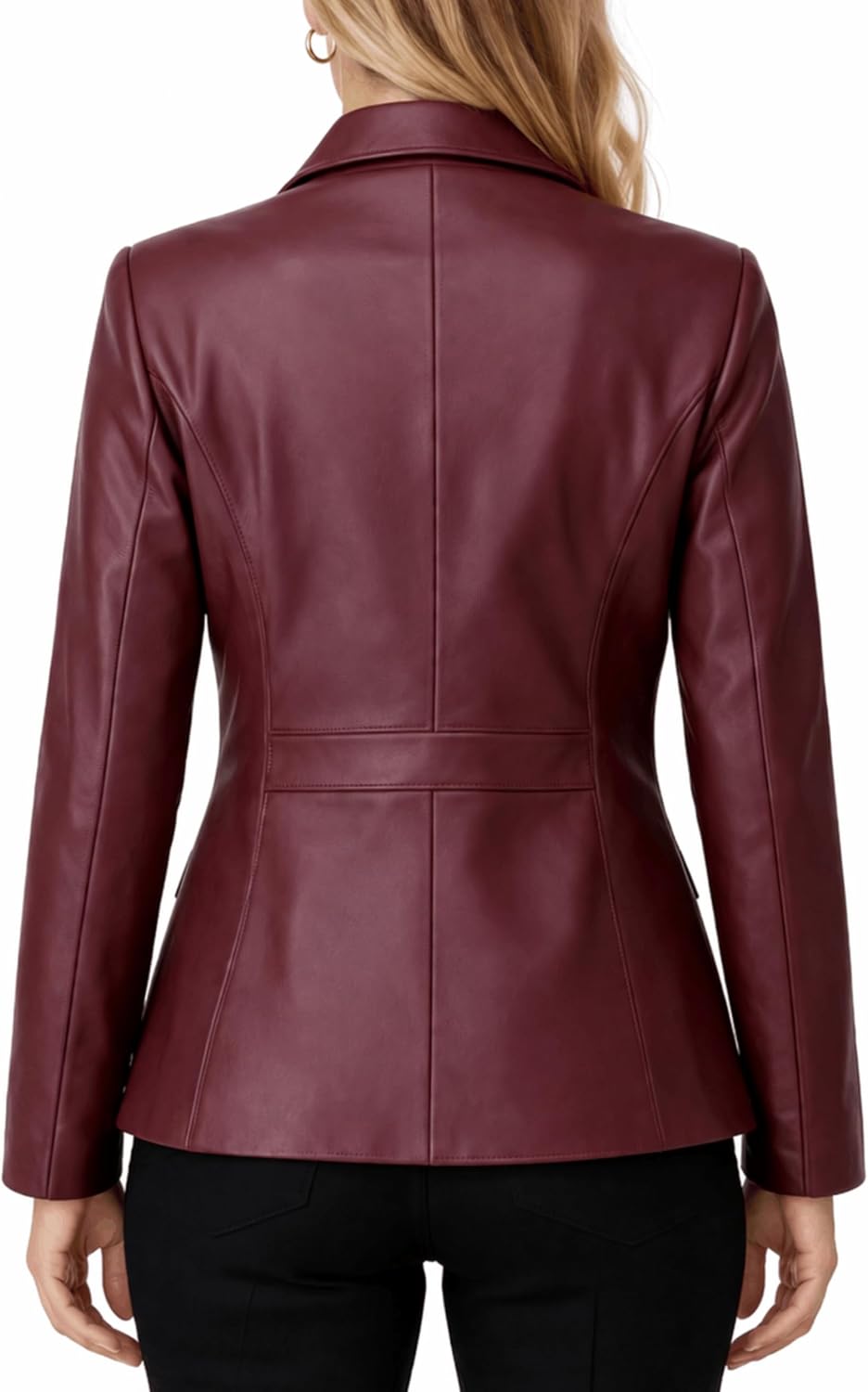 Women's 2-Button Lambskin Leather Blazer Peak Lapel Single-Breasted Tailored Darted Waist Flap Pocket Curved Hem Office Formal Jacket Women's 2-Button Lambskin Leather Blazer Peak Lapel Single-Breasted Tailored Darted Waist Flap Pocket Curved Hem Office Formal Jacket