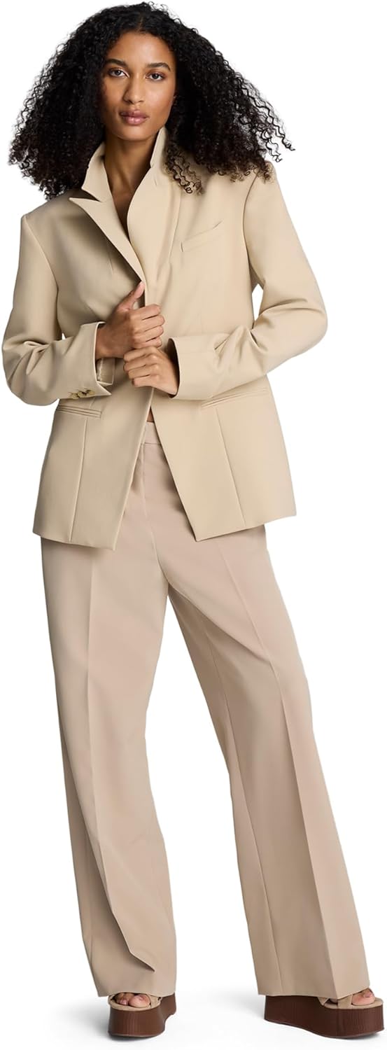 Women's Luxe Twill One Button Blazer Notch Lapel Flap Pocket Slim Fit Tailored Office Formal Jacket