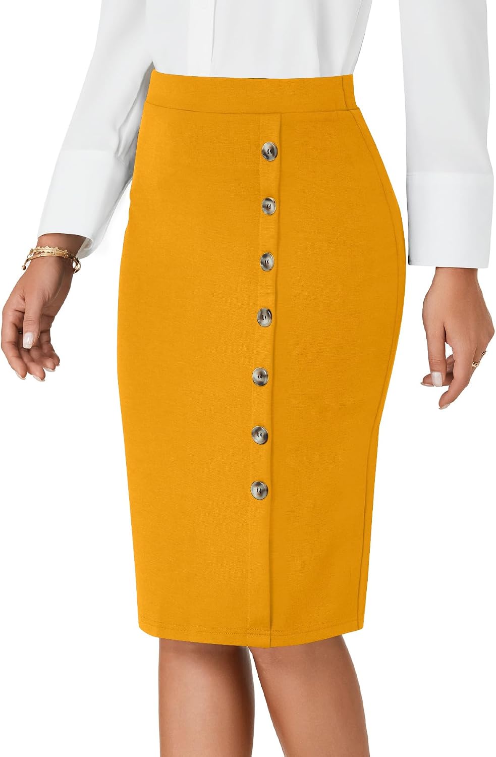 Women's High Waist Button Stretch Pencil Knee Length Straight Midi Skirt for Business Women's High Waist Button Stretch Pencil Knee Length Straight Midi Skirt for Business