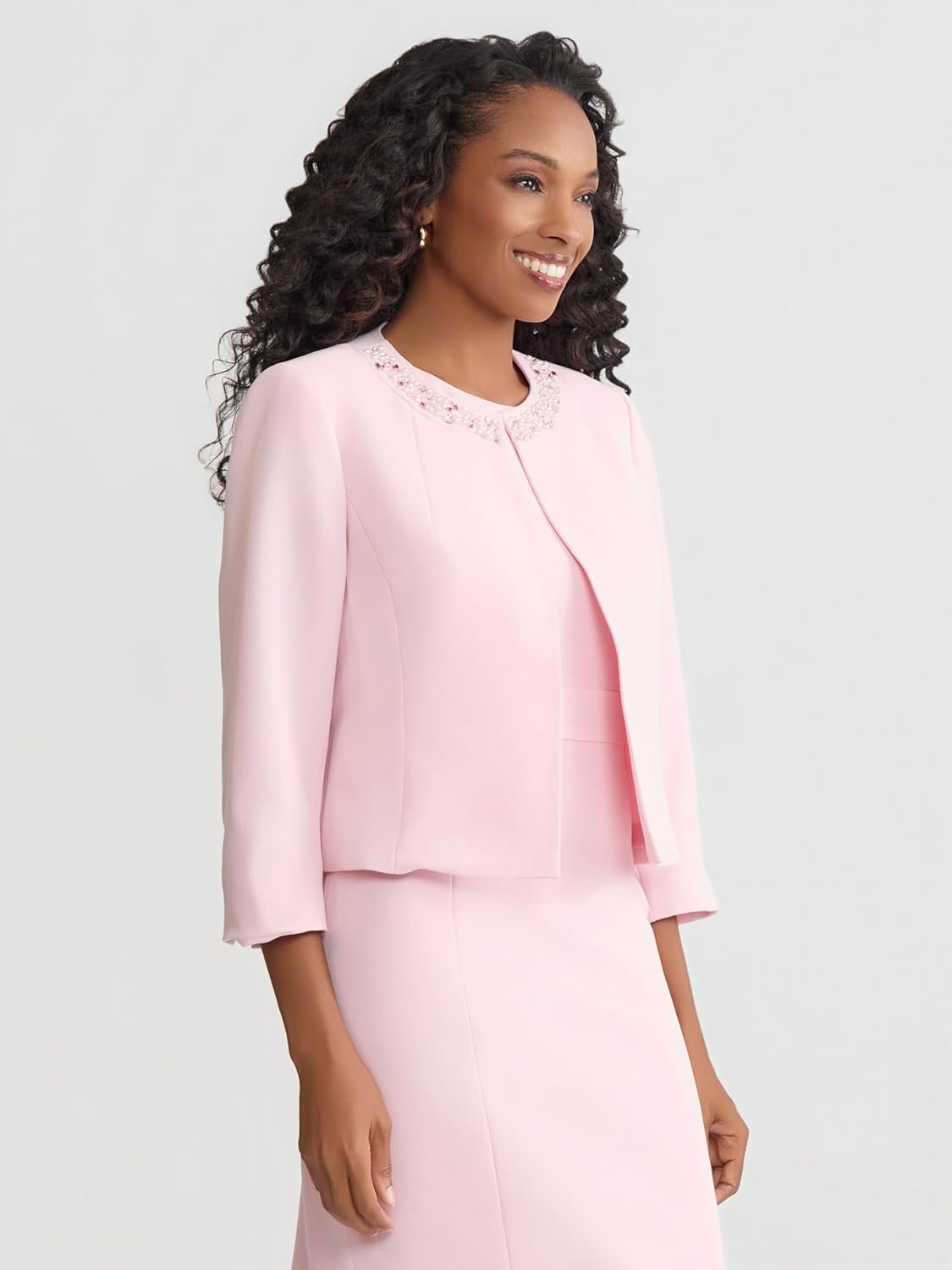 Women's 2-Piece Crystal Embellished Collarless Blazer Set Pink Rhinestone Trim Open-Front Jacket Matching Mini Dress Co-Ord