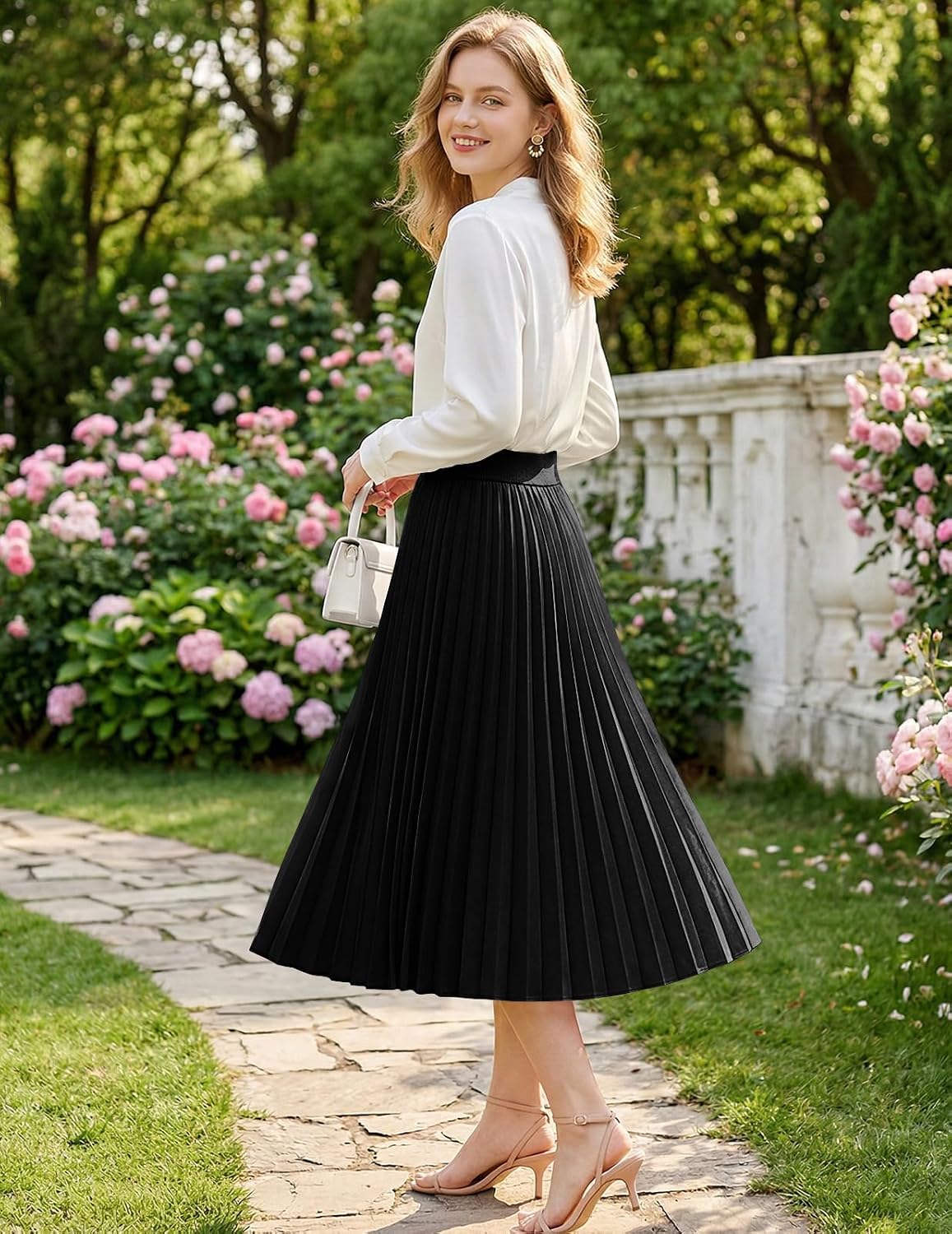 Pleated Midi Skirts for Long Aline Elastic High Waisted Chiffon Skirt