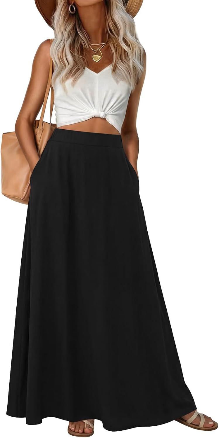 Maxi A-line Long Skirt High Waist Casual Elastic Flowy Skirts with Pockets
