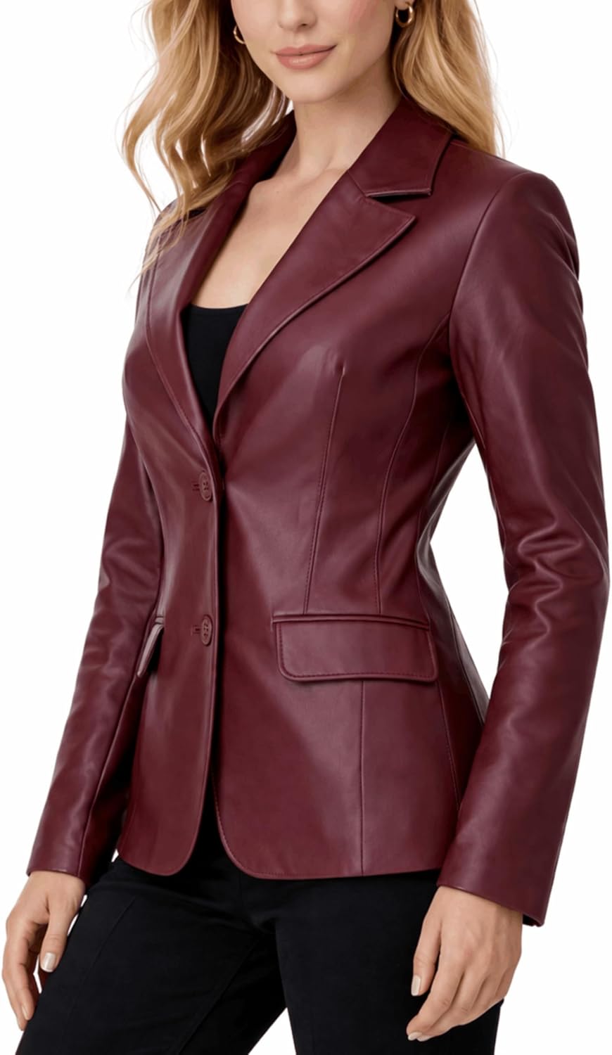 Women's 2-Button Lambskin Leather Blazer Peak Lapel Single-Breasted Tailored Darted Waist Flap Pocket Curved Hem Office Formal Jacket Women's 2-Button Lambskin Leather Blazer Peak Lapel Single-Breasted Tailored Darted Waist Flap Pocket Curved Hem Office Formal Jacket