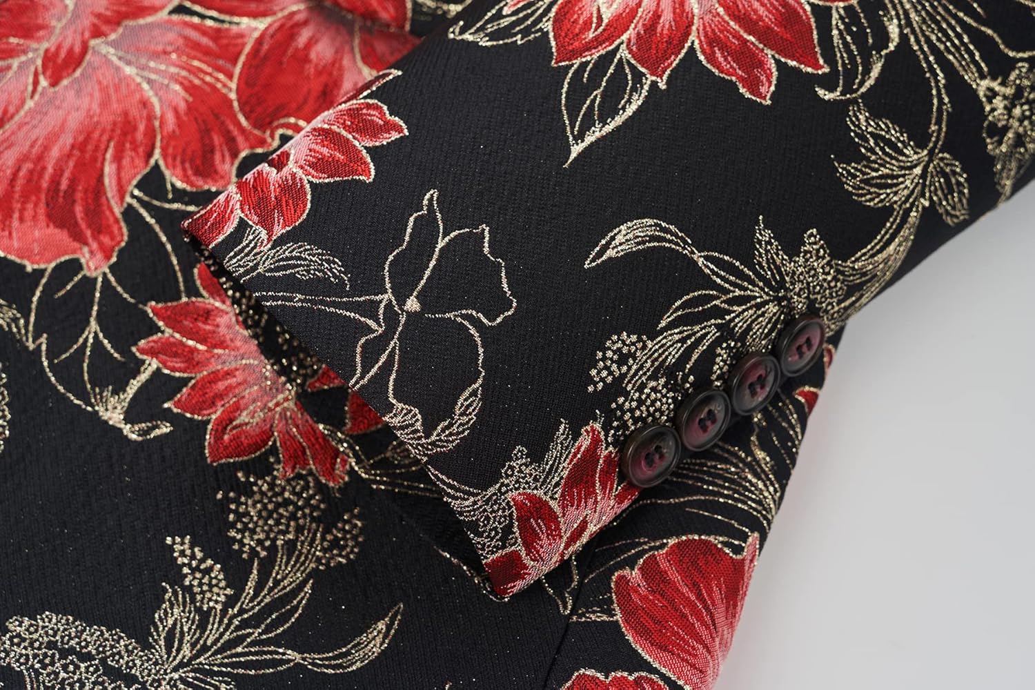 Men's Red Floral Jacquard Peak Lapel Single Button Blazer Tuxedo Jacket Red Piping Flap Pocket Contrast Trim Prom Party Formal Suit Jacket