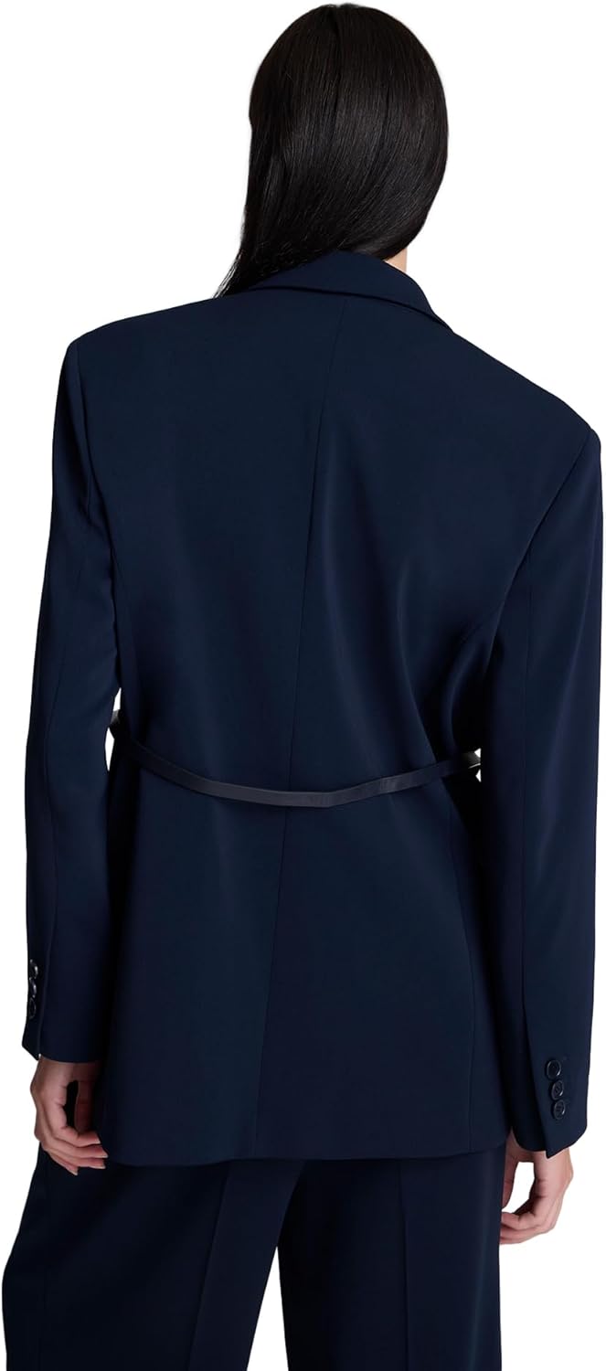 Women's 2-Piece Belted Long Blazer Set Stand Collar Deep V Open Front Waist Belt Matching Wide Leg Pants Formal Co-Ord