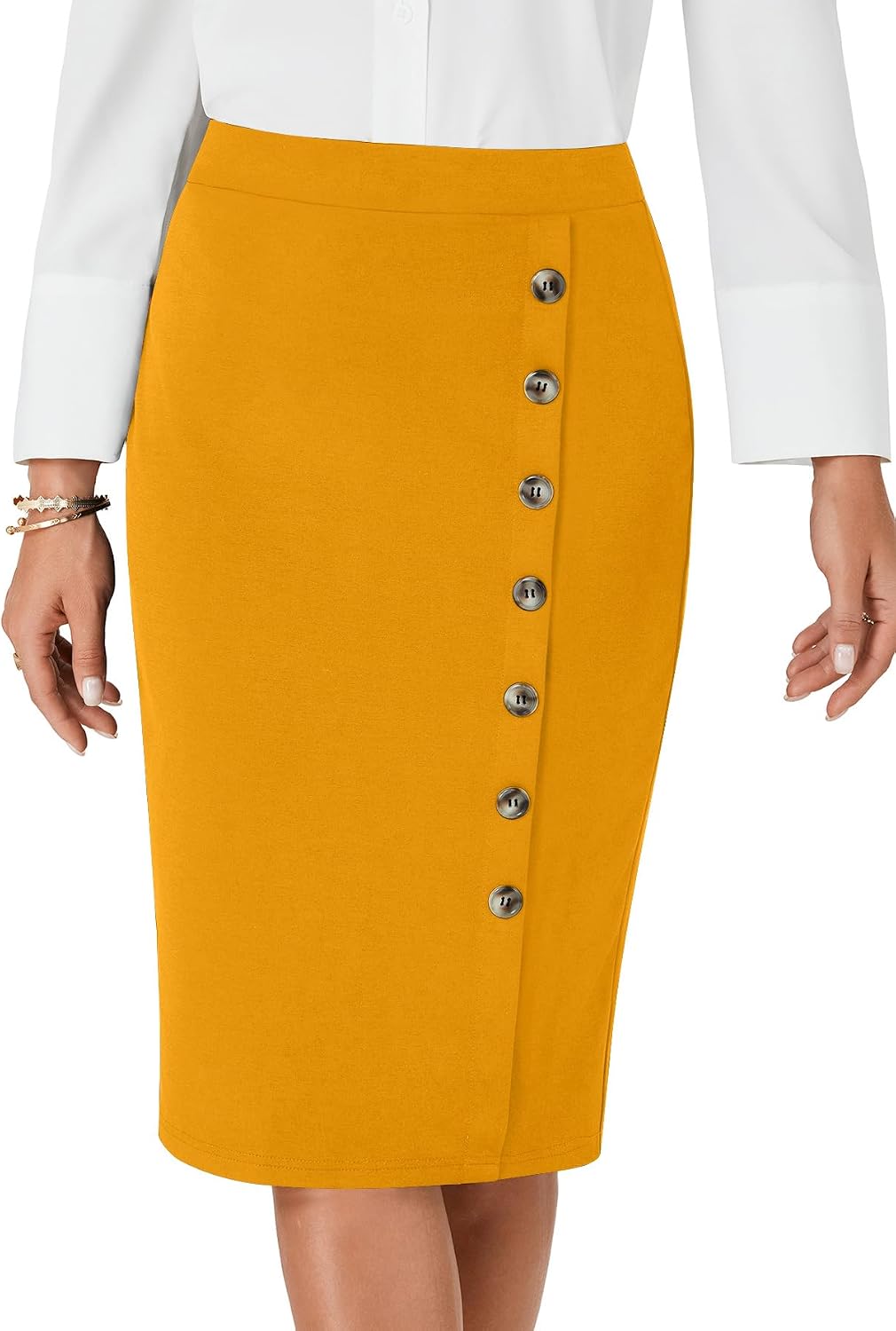Women's High Waist Button Stretch Pencil Knee Length Straight Midi Skirt for Business Women's High Waist Button Stretch Pencil Knee Length Straight Midi Skirt for Business