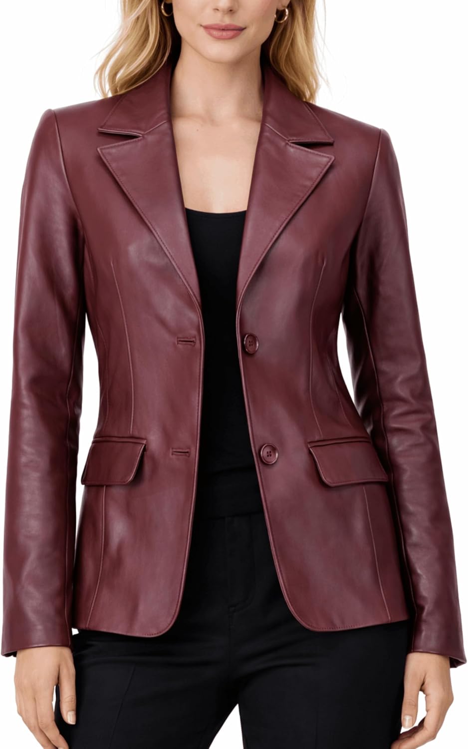 Women's 2-Button Lambskin Leather Blazer Peak Lapel Single-Breasted Tailored Darted Waist Flap Pocket Curved Hem Office Formal Jacket Women's 2-Button Lambskin Leather Blazer Peak Lapel Single-Breasted Tailored Darted Waist Flap Pocket Curved Hem Office Formal Jacket