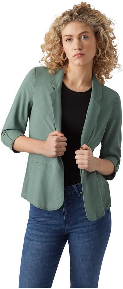 Women's Linen Blend Loose Fit Blazer Notch Lapel Single Button Welt Pockets Relaxed Casual Office Summer Jacket