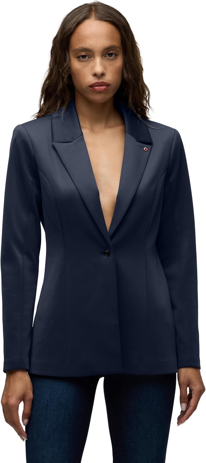 Women's Navy Peak Lapel Fitted Blazer Single Button Tailored Wool-Blend Jacket with Lapel Pin Matching Bootcut Jeans 2-Piece Set