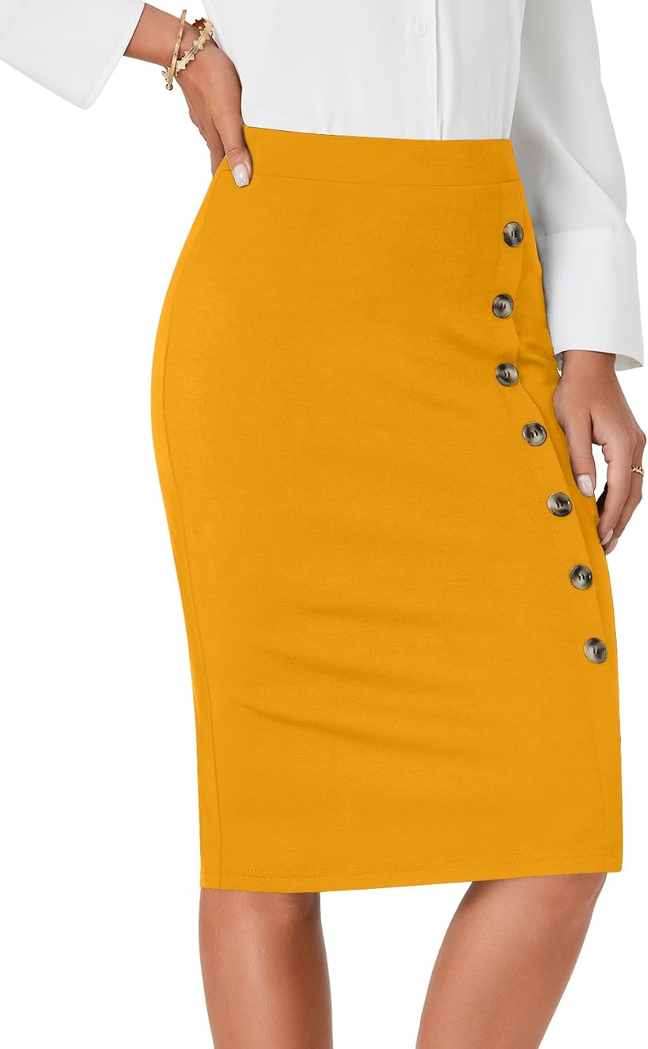 Women's High Waist Button Stretch Pencil Knee Length Straight Midi Skirt for Business Women's High Waist Button Stretch Pencil Knee Length Straight Midi Skirt for Business