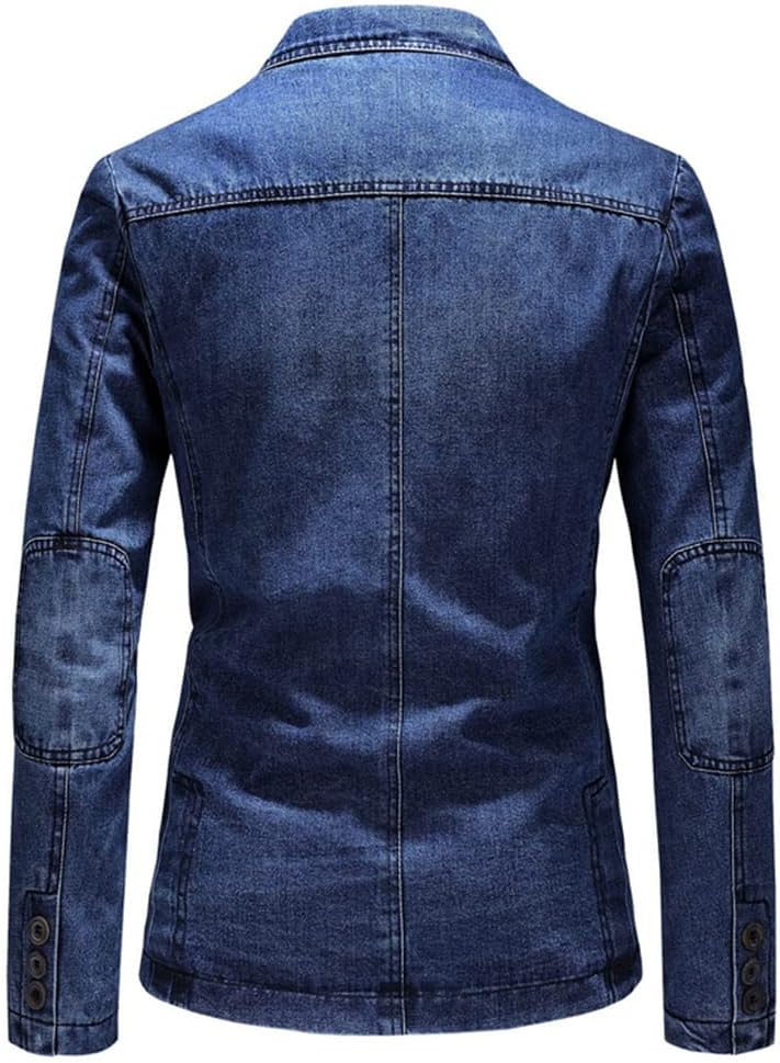 Men's Medium Wash Denim Blazer Notch Lapel 3-Button Single-Breasted Patch Pockets Topstitched Antique Brass Buttons Slim Fit Vintage Casual Jacket Men's Medium Wash Denim Blazer Notch Lapel 3-Button Single-Breasted Patch Pockets Topstitched Antique Brass Buttons Slim Fit Vintage Casual Jacket