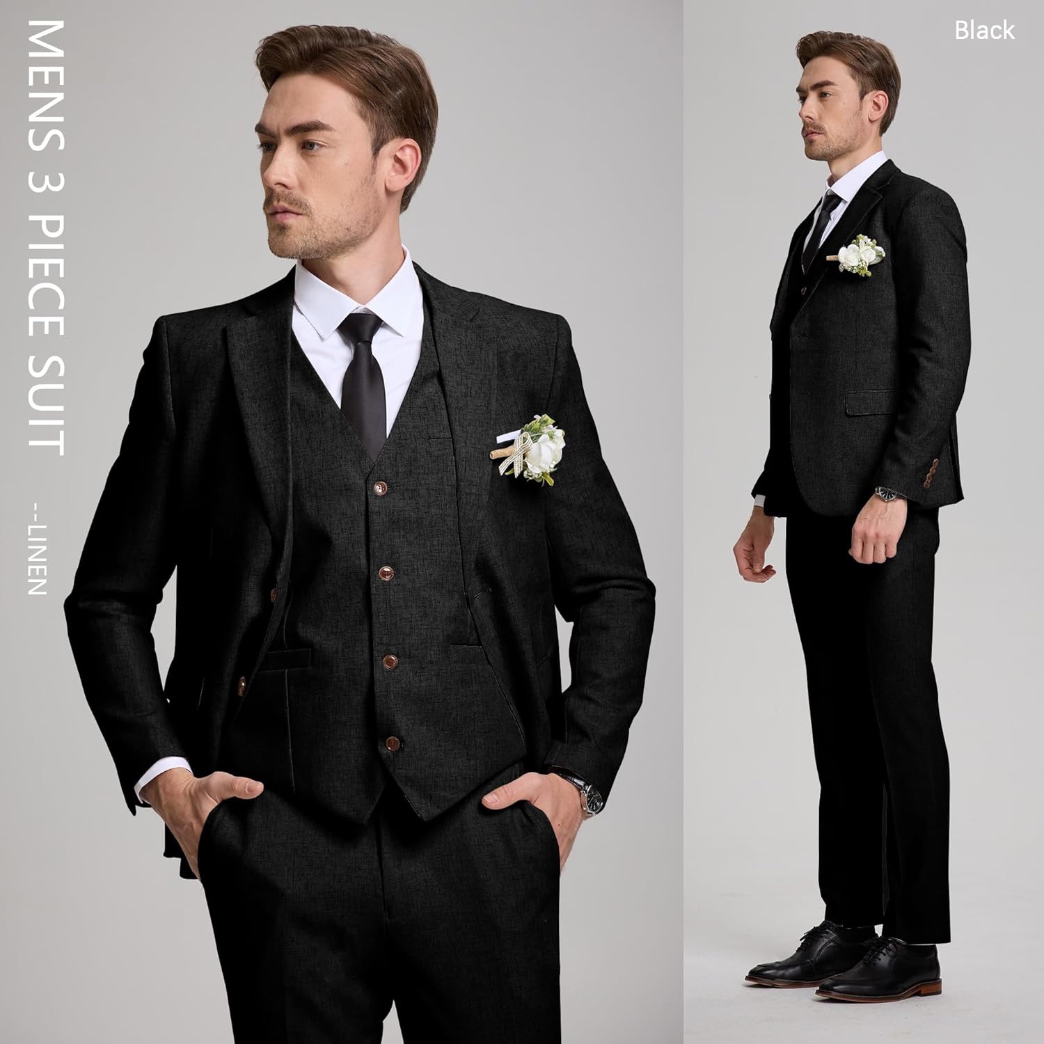 Linen Suits 3 Piece Slim Fit Tuxedo Suit for Beach Wedding Formal Business Suit Groom Prom Set Outfits