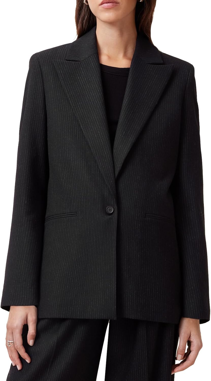 Women's Pinstripe Slim Fit Blazer Black Narrow Notch Lapel Single Button Welt Pockets Long Sleeve Business Formal Jacket