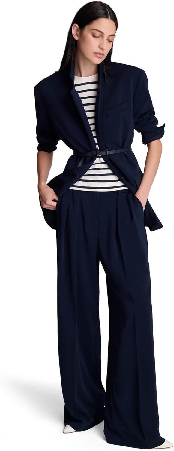 Women's 2-Piece Belted Long Blazer Set Stand Collar Deep V Open Front Waist Belt Matching Wide Leg Pants Formal Co-Ord