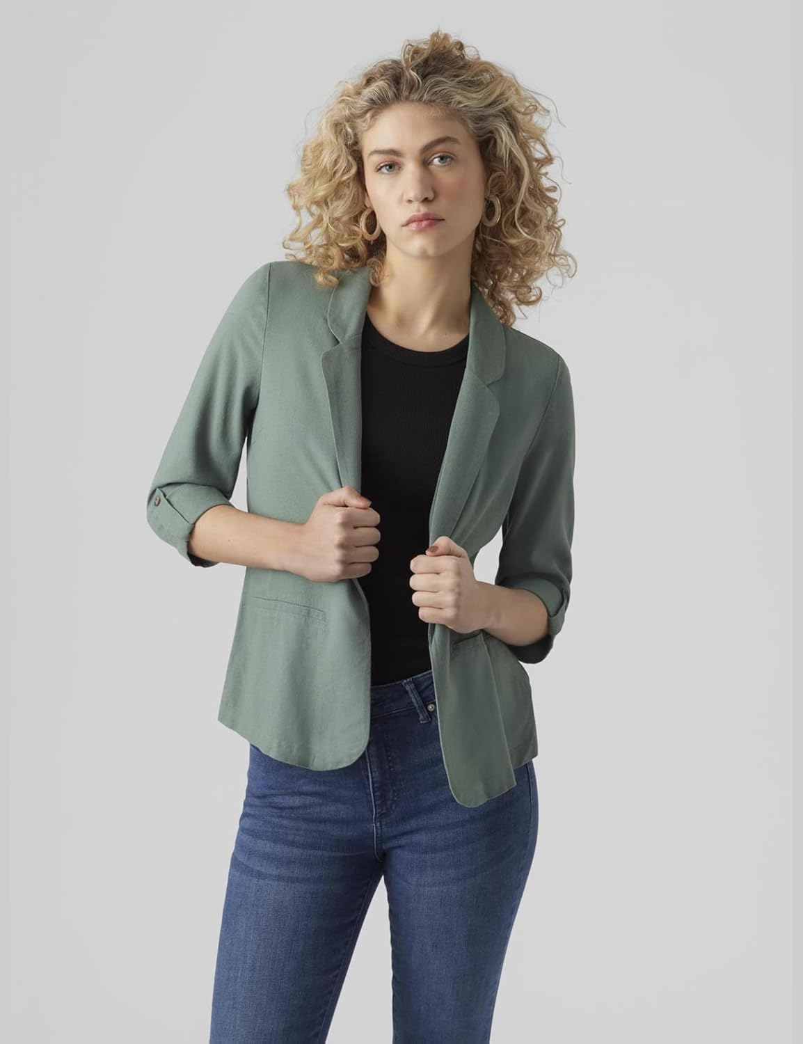 Women's Linen Blend Loose Fit Blazer Notch Lapel Single Button Welt Pockets Relaxed Casual Office Summer Jacket