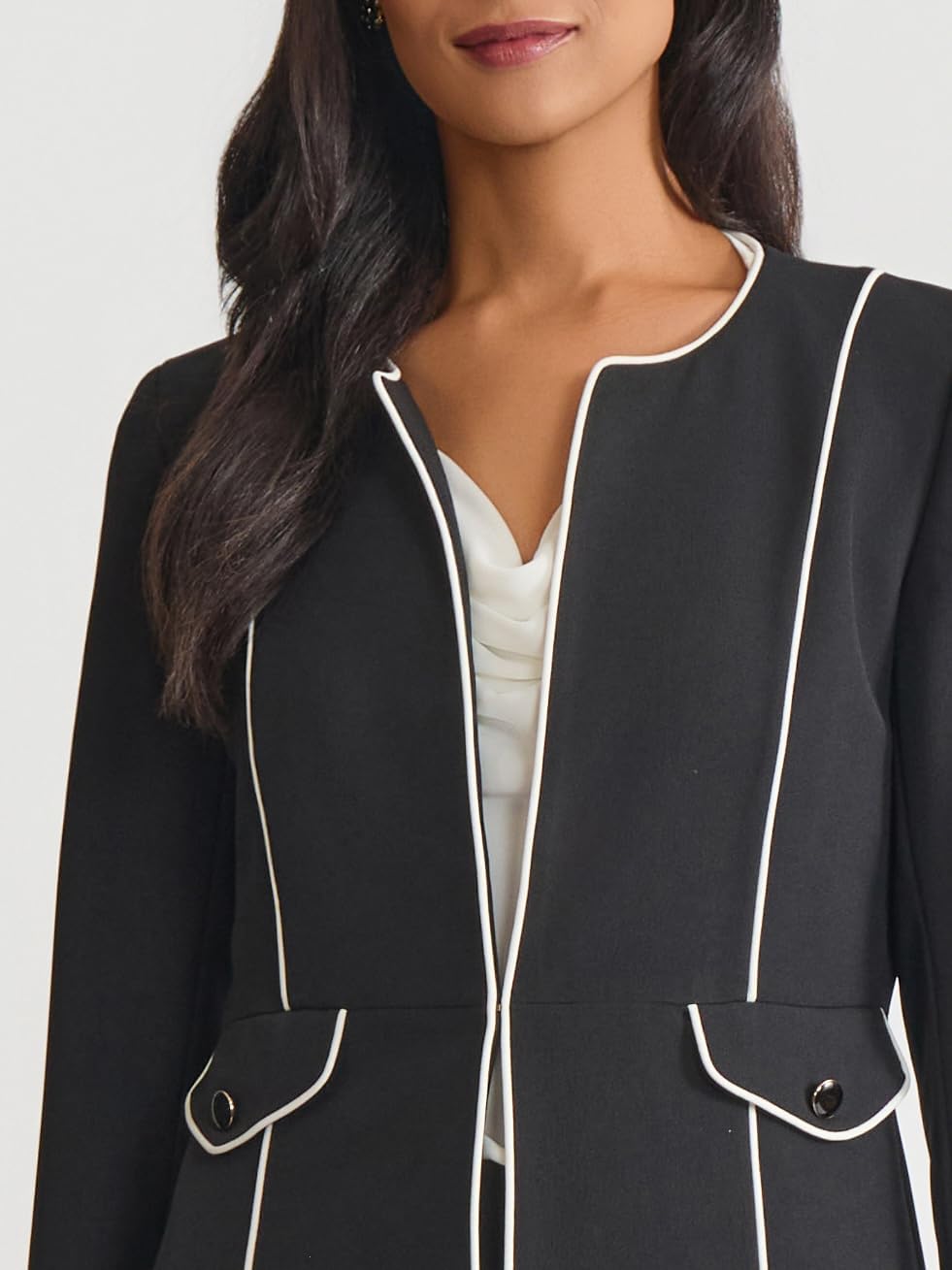 Women's 2-Piece Contrast Piping Blazer Set Banded Collar White Trim Open Front Flap Pocket Black Matching Trousers Co-Ord Women's 2-Piece Contrast Piping Blazer Set Banded Collar White Trim Open Front Flap Pocket Black Matching Trousers Co-Ord