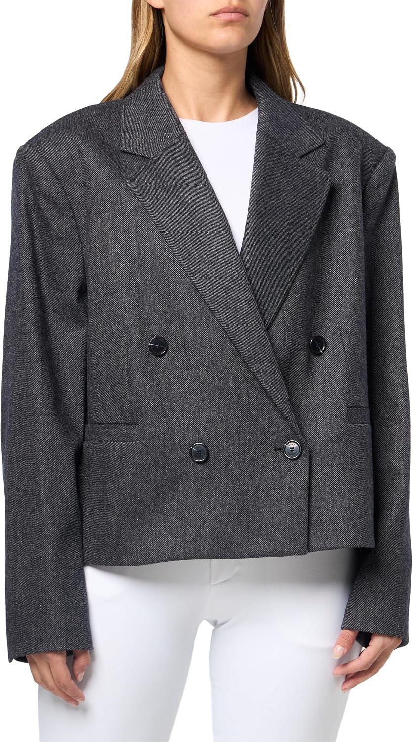 Women's Taflong Wool Blend Cropped Blazer Peak Lapel Single Button Flap Pocket Short Fit Casual Office Jacket