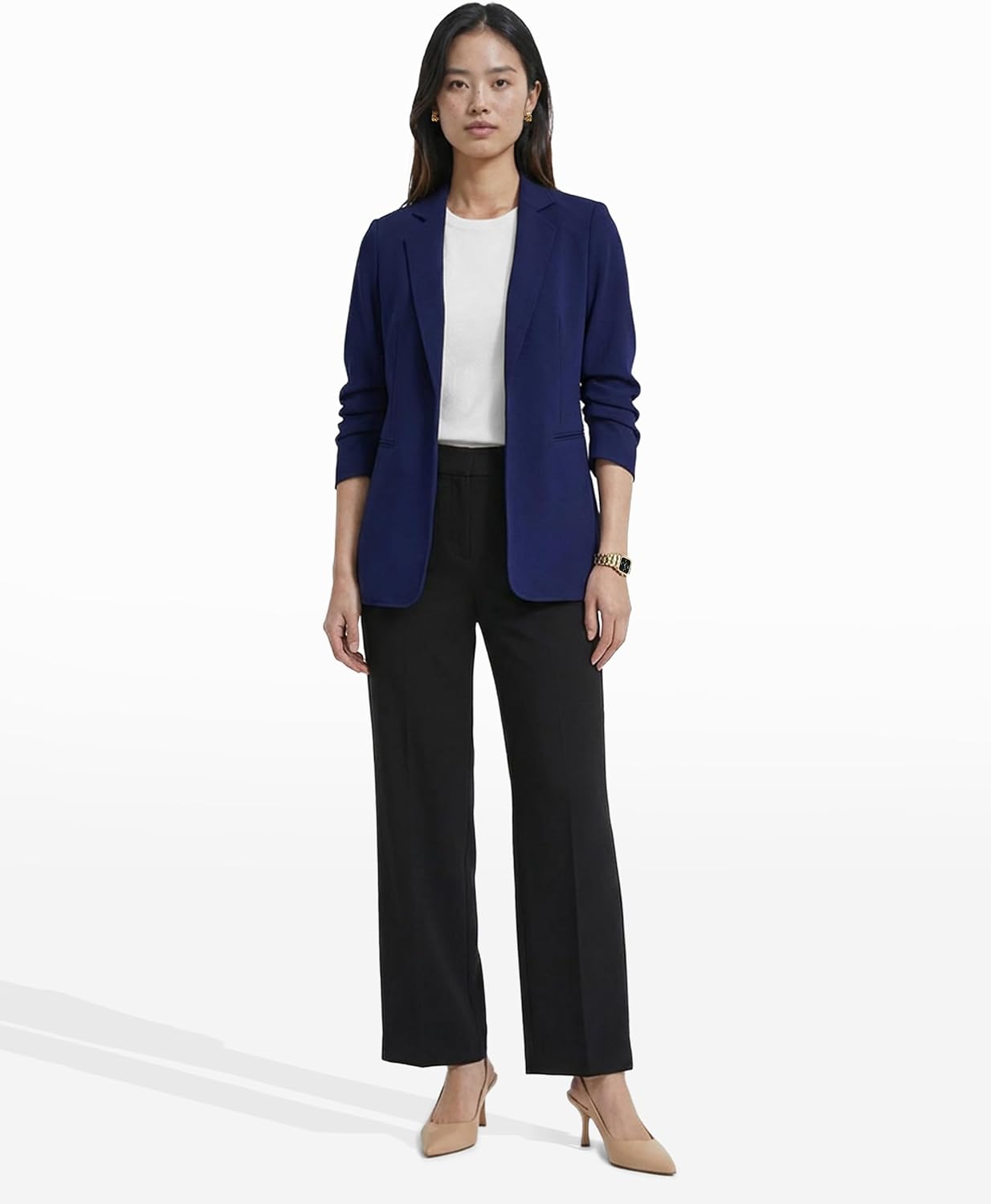 Women's Plus Size Scrunch Sleeve Open-Front Blazer Distant Mountain Print Notch Lapel Long Sleeve Relaxed Duster Jacket
