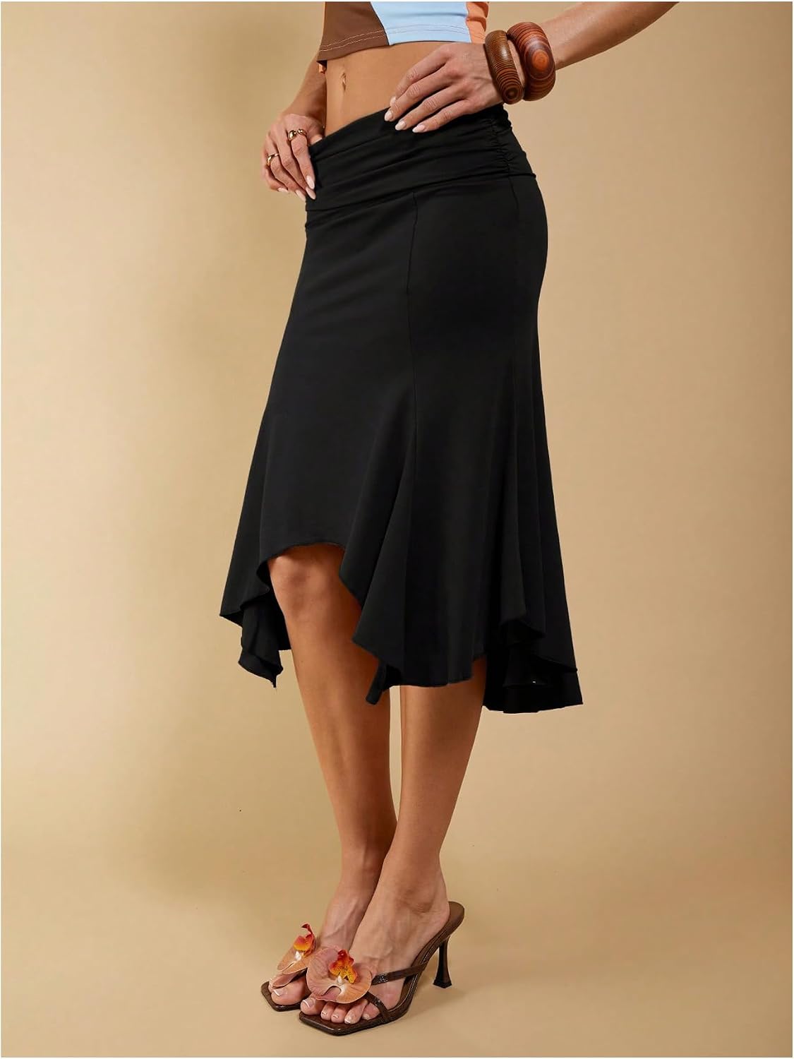 Women's Summer Midi Skirts Asymmetrical Ruffle Hem Ruched Date Night Skirts