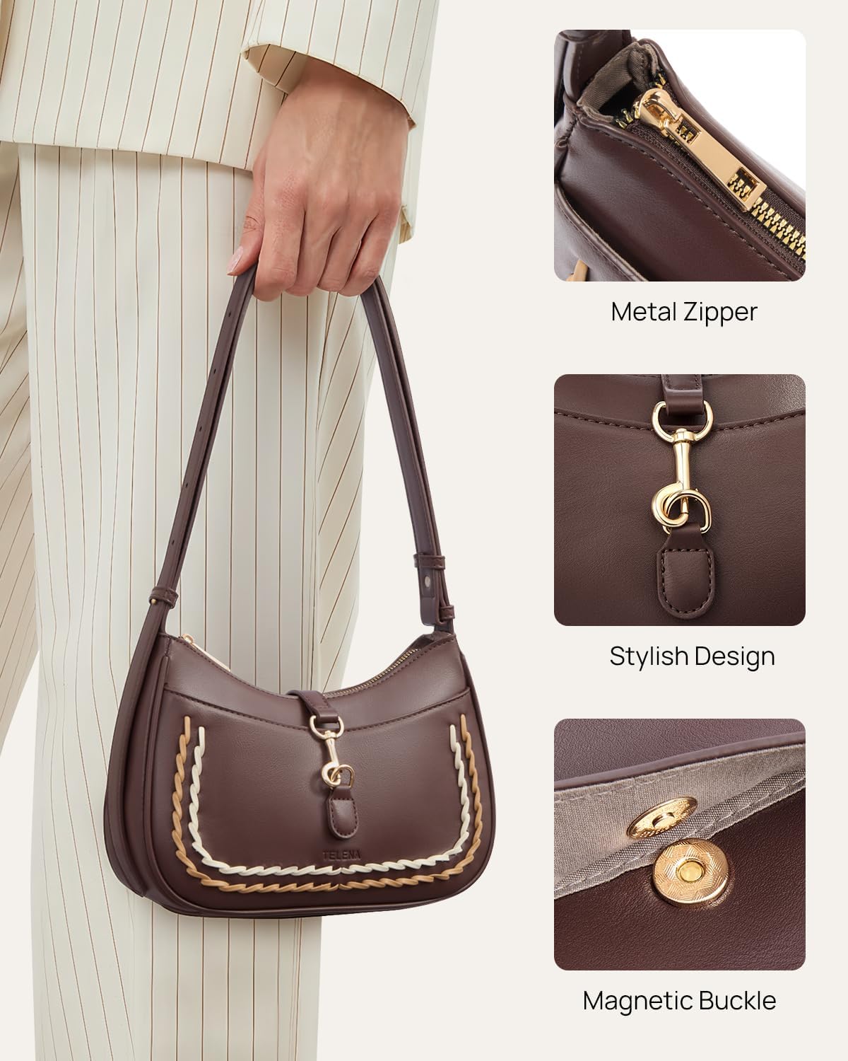 Shoulder Bag for Women Vegan Leather Women's Shoulder Purses Handbags with 2 Removable Strap Crossbody Bag Purses