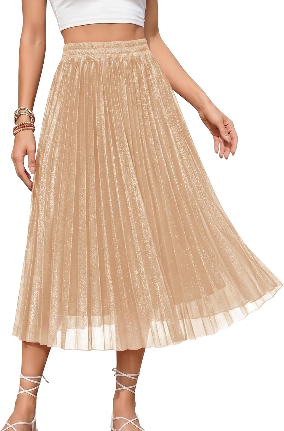 Pleated Midi Skirt for Aline Summer High Elastic Waisted Swing Skirts with Lining 2026