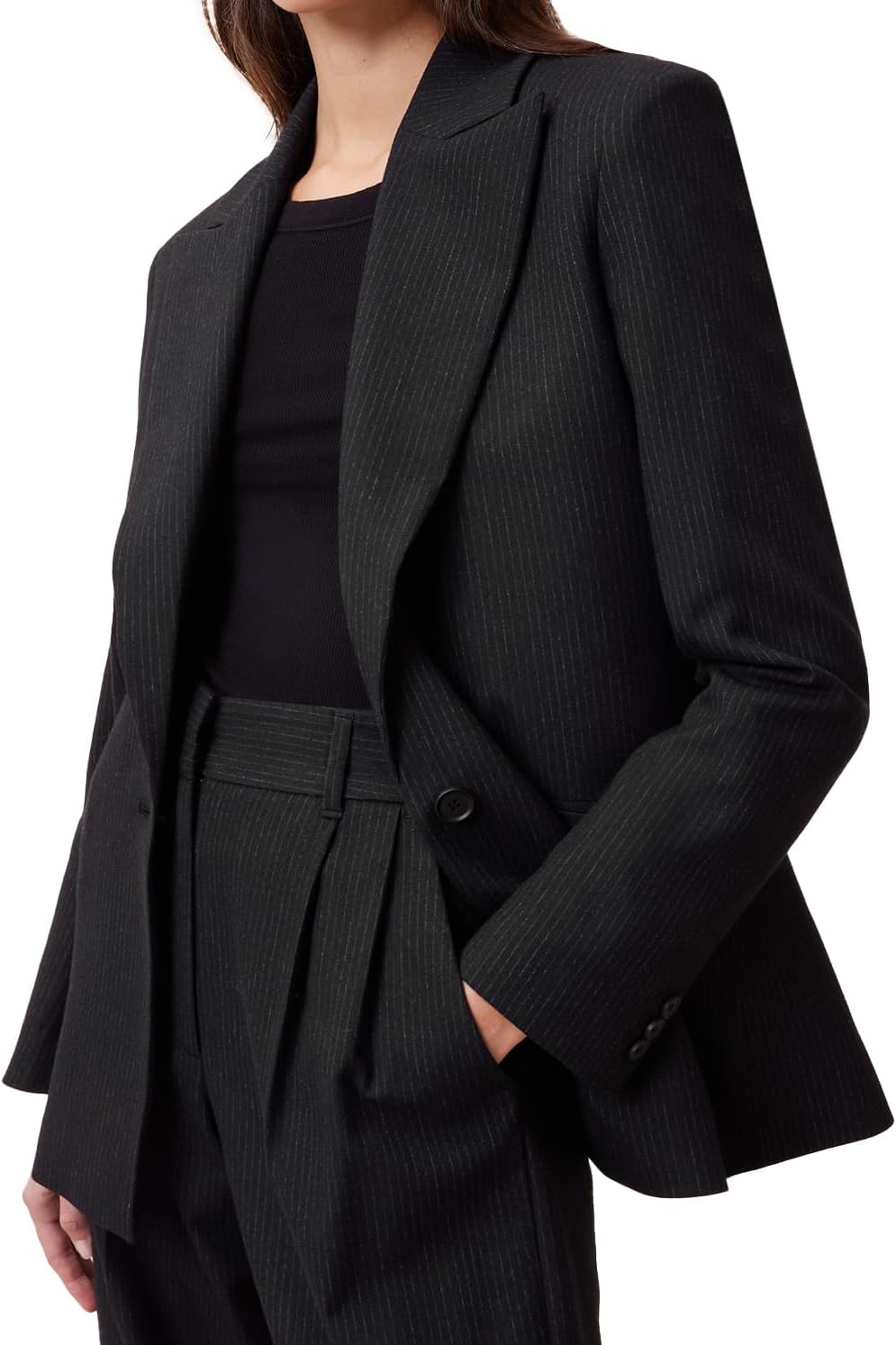 Women's Pinstripe Slim Fit Blazer Black Narrow Notch Lapel Single Button Welt Pockets Long Sleeve Business Formal Jacket Women's Pinstripe Slim Fit Blazer Black Narrow Notch Lapel Single Button Welt Pockets Long Sleeve Business Formal Jacket