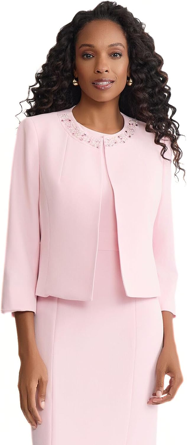 Women's 2-Piece Crystal Embellished Collarless Blazer Set Pink Rhinestone Trim Open-Front Jacket Matching Mini Dress Co-Ord