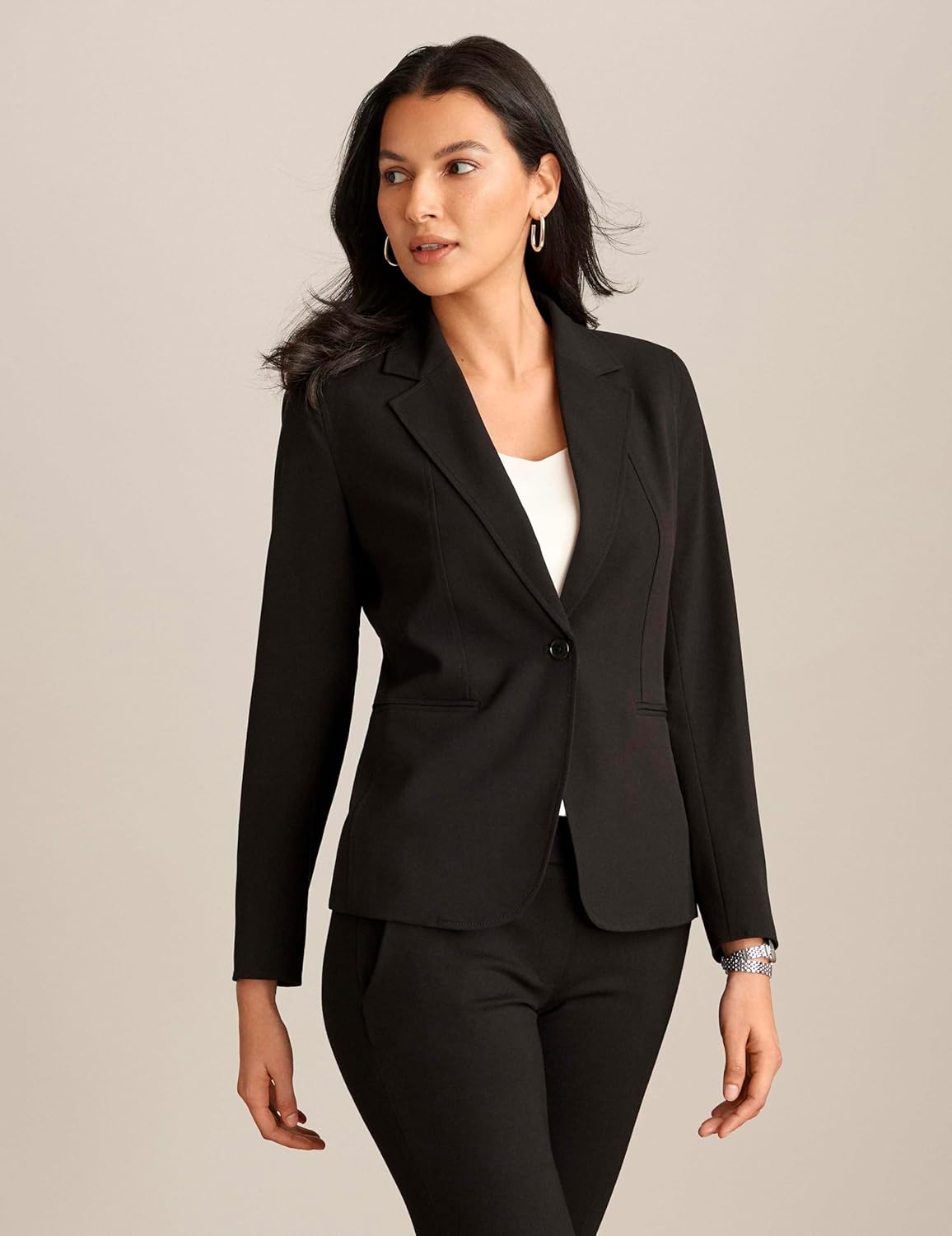Women's Stretch One Button Blazer Notch Lapel Long Sleeve Slim Fit Tailored Stretch Woven Office Work Jacket