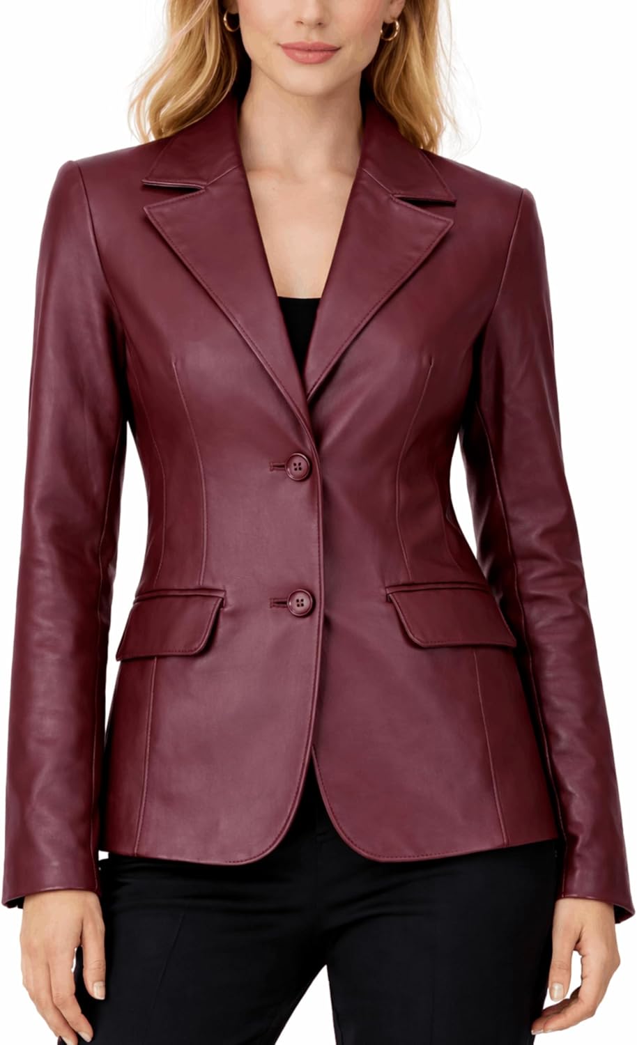 Women's 2-Button Lambskin Leather Blazer Peak Lapel Single-Breasted Tailored Darted Waist Flap Pocket Curved Hem Office Formal Jacket