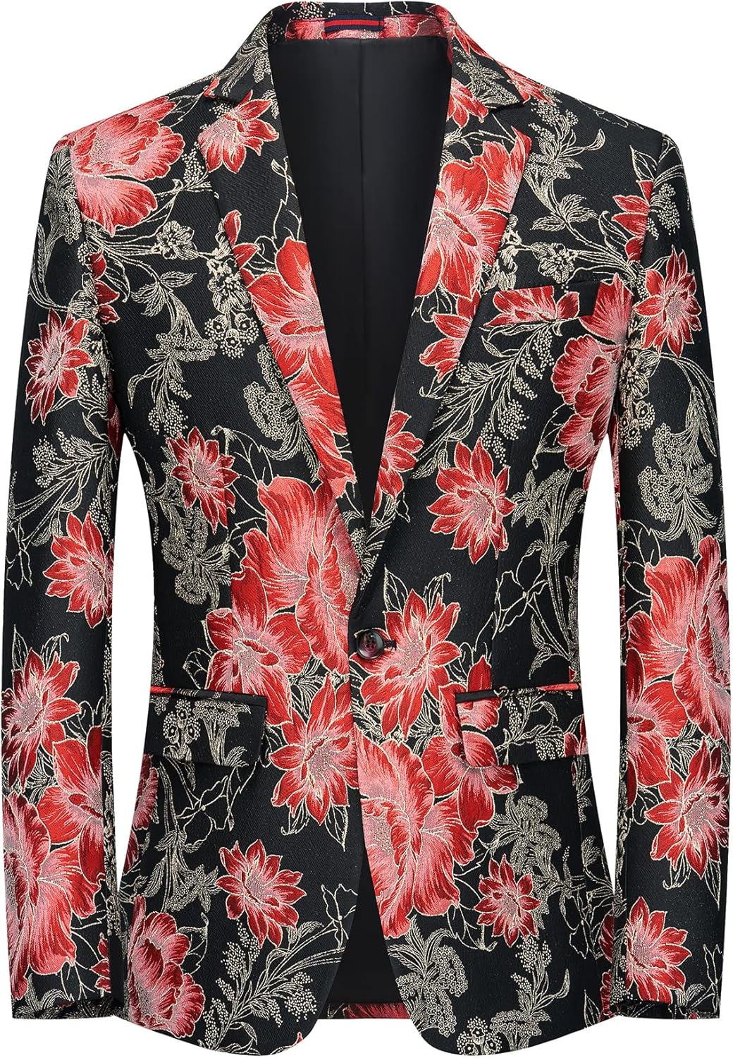 Men's Red Floral Jacquard Peak Lapel Single Button Blazer Tuxedo Jacket Red Piping Flap Pocket Contrast Trim Prom Party Formal Suit Jacket