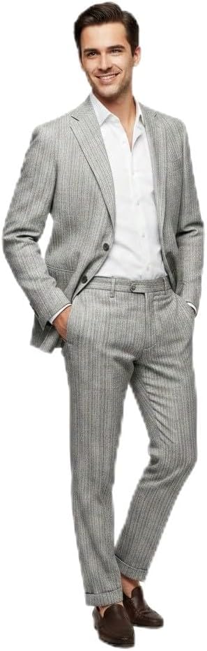 Herringbone Linen Suit for 2-Piece Casual Woven Blazer and Trousers Breathable Summer Suit Set