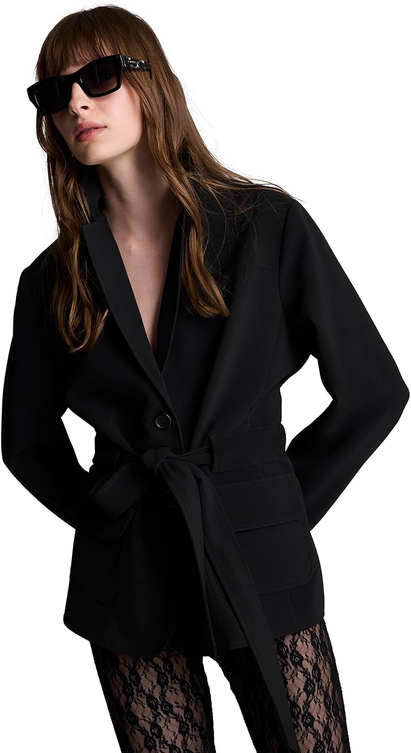 Women's Belted Twill Blazer Notch Lapel Open Front Self-Tie Waist Welt Pockets Long Sleeve Casual Office Jacket